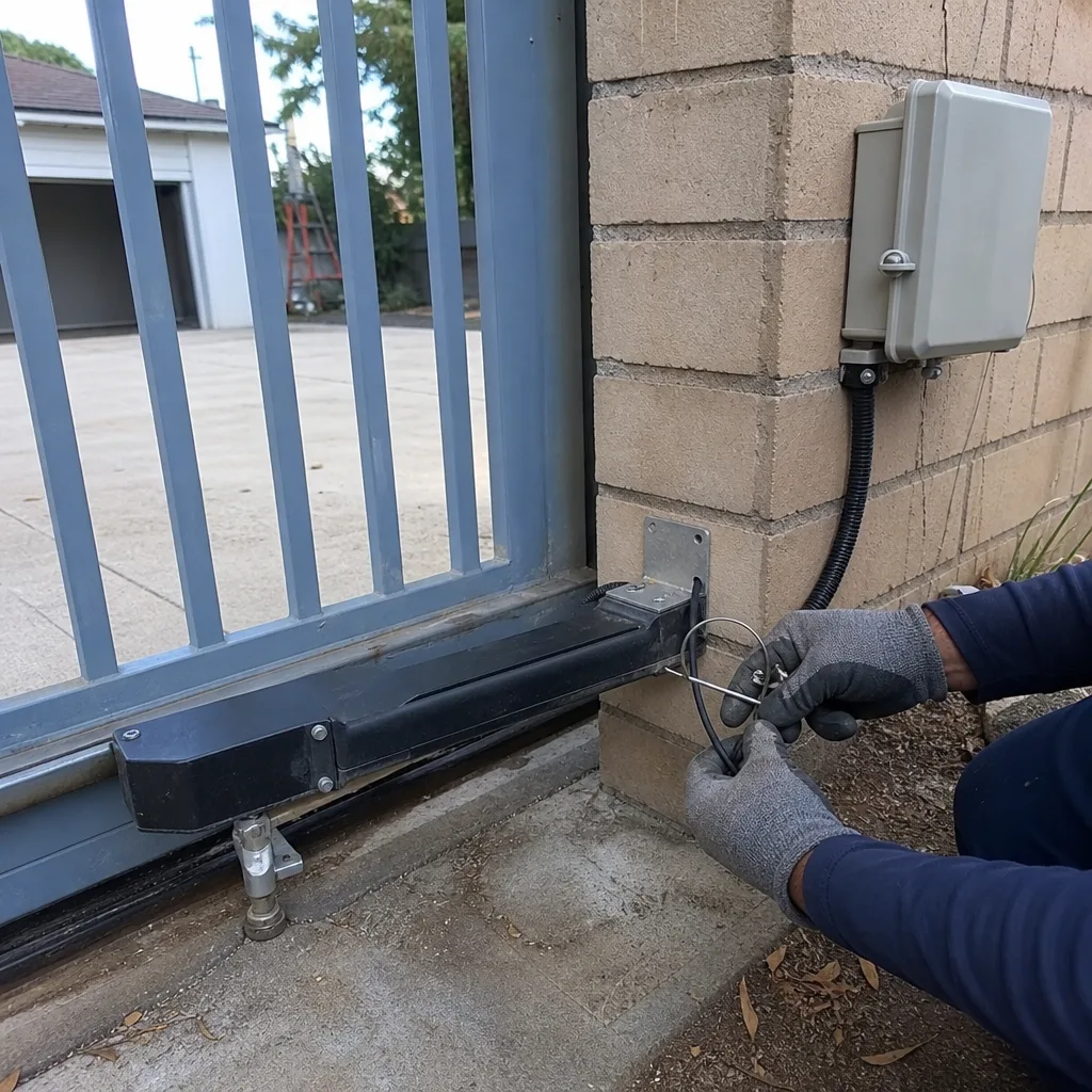 Technician performing electric gate motor repair and maintenance on a residential gate