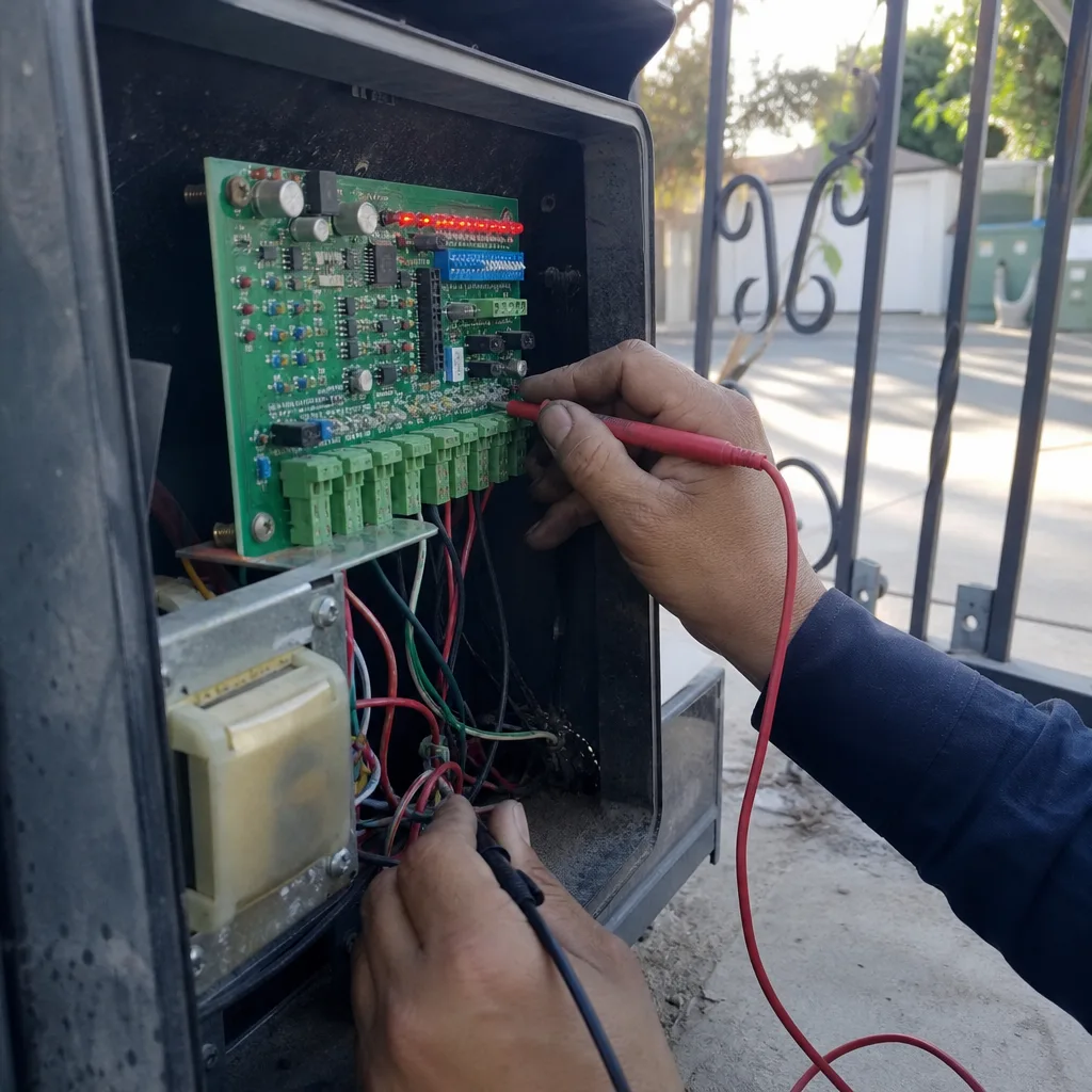 Technician using a multimeter to repair an electric gate control board