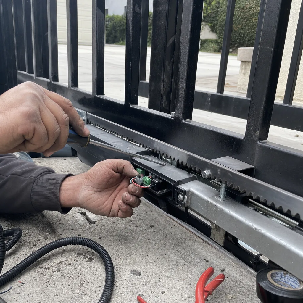 Technician performing professional electric gate repair on a sliding gate system