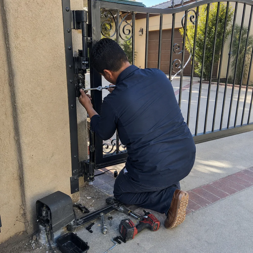 Technician performing professional residential gate motor repair and maintenance
