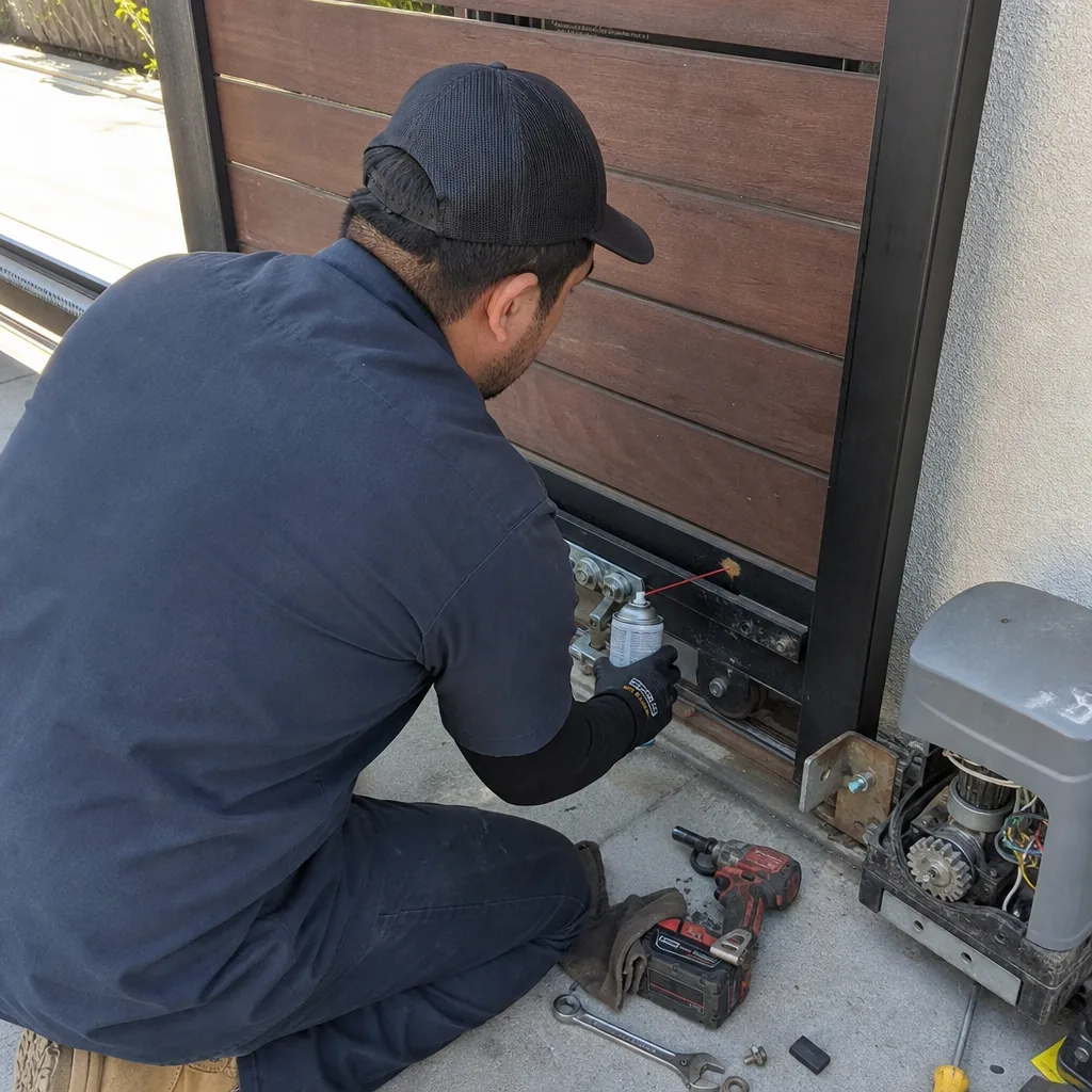 Technician performing professional maintenance and repair on a sliding gate motor