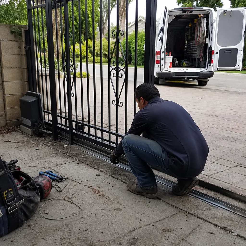 Technician performing professional gate motor repair and track maintenance.