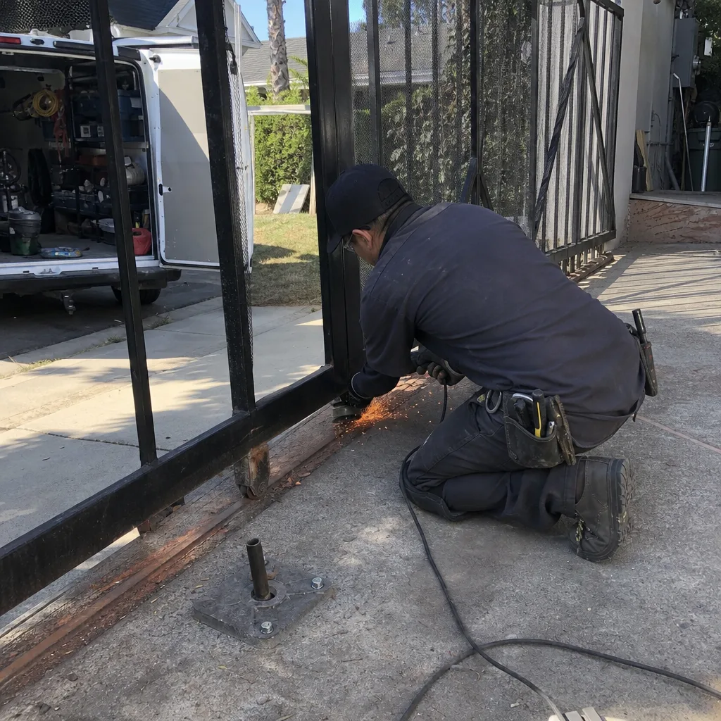 Technician using a power grinder to repair a sliding metal gate