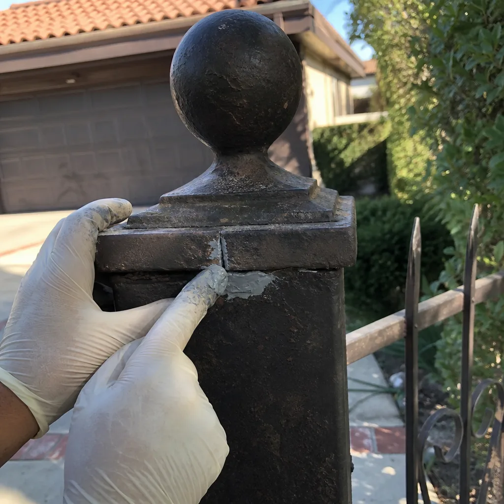Hand applying epoxy filler to repair a metal gate post seam