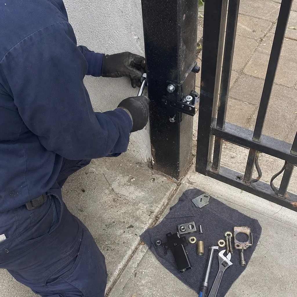 Professional technician performing gate latch repair and maintenance on metal fencing.